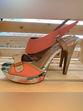 Coral Floral Platform Slingback Heels by